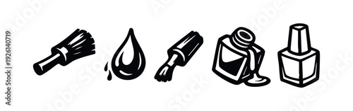 Nail Polish Related Icons Set with Bottle, Brush, Drop, and Spilled Liquid, Black and White Vector