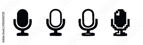 Set of Front View Microphone Icons in Different Styles, Including Pixel Art, Black and White