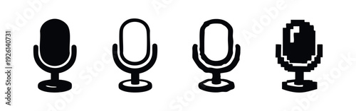 Diverse Microphone Icons in Black and White, Featuring Solid, Outline, and Pixel Art Styles