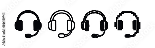 Collection of Headset with Microphone Icons in Different Styles, Including Pixel Art Vector