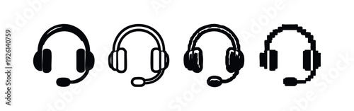 Vector collection of headset with mic icons, featuring solid, outline, and pixelated designs for communication