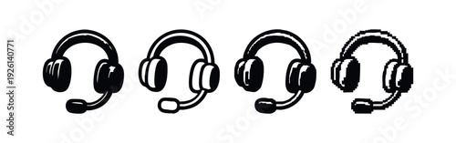 Headset with microphone icons set, communication and customer support symbols in various styles