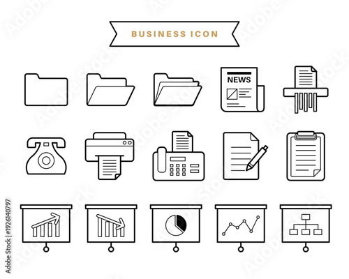 Business and Office Equipment Vector Icon Set: Minimalist Black Line Art for Document Management, Data Presentation, and Workflow