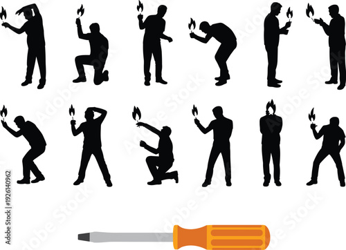 Silhouette people holding flames, creative concept art, symbolic fire illustration, screwdriver tool contrast, abstract human poses, artistic metaphor design