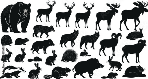 Wild animal silhouettes, forest wildlife icons, bear deer moose wolves foxes rabbits beavers porcupines badgers boars, woodland vector illustration collection
