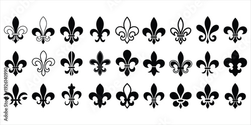 Collection of black and white fleur de lis symbols in rows on white background emblem heraldry