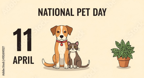 National pet day illustration with dog cat and plant on beige background april 11th