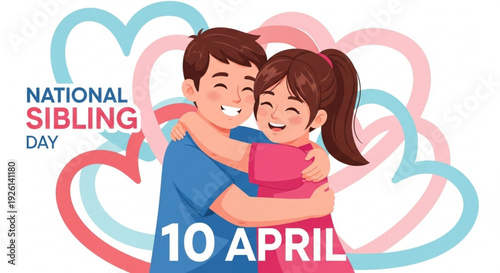 National sibling day on april 10th cartoon siblings hugging with colorful hearts