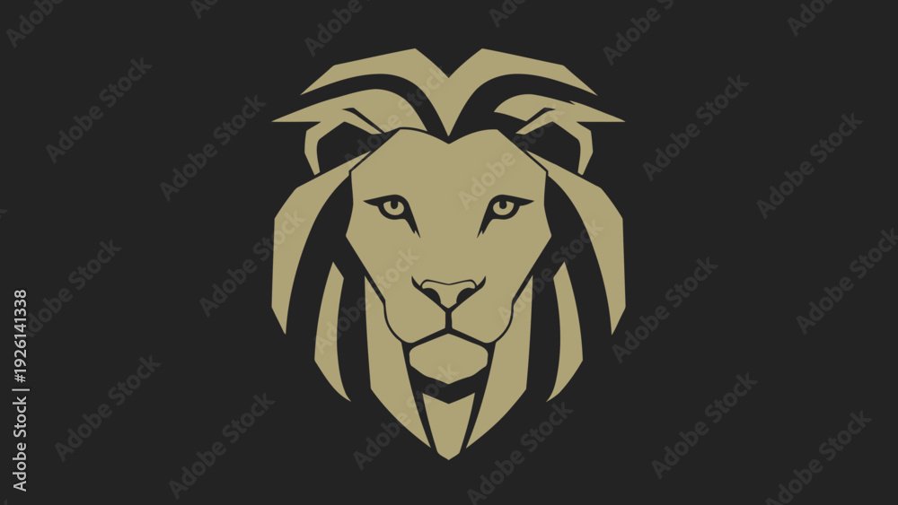 Obraz premium Geometric Lion Head Emblem with Golden Mane and Dark Background.