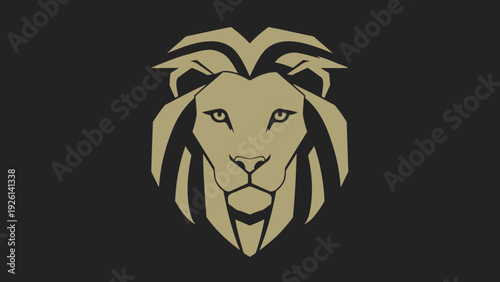 Geometric Lion Head Emblem with Golden Mane and Dark Background.