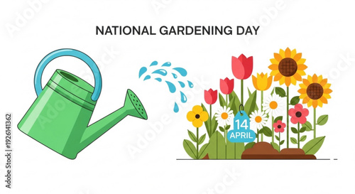 National gardening day illustration with watering can and colorful flowers on april 14th