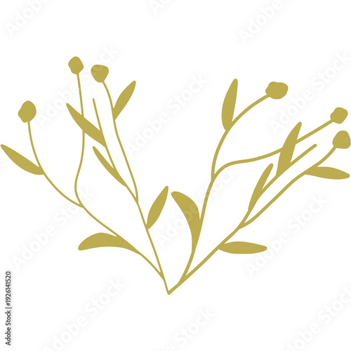 Vector illustration of an olive tree branch with yellow leaves featuring a floral nature design and green plant silhouettes for spring season decoration