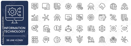 Information Technology Line Icon Set. Collection of network, system, computer, internet, server, database, software, hardware, infrastructure, digital, Outline, Editable Stroke, Vector illustration.