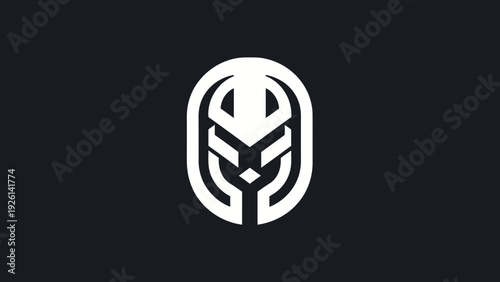 Abstract stylized white mask logo on dark background.