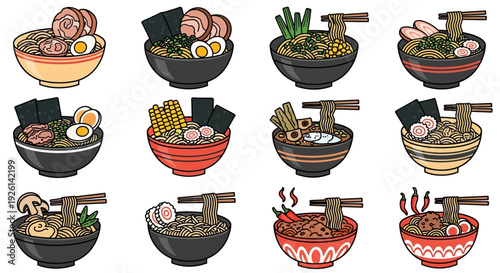 Variety of ramen bowls with ingredients.