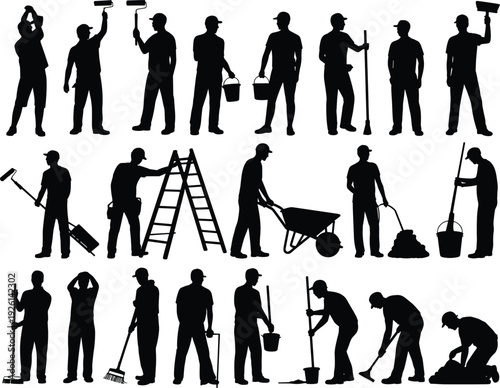 Worker silhouettes, construction and cleaning illustration, maintenance tools art, ladder and bucket design, occupational diversity concept, workforce representation