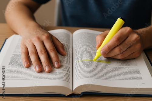 Person highlighting text in an open book studying with a bright yellow marker hands book study.