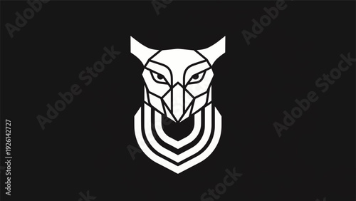 Geometric Owl Head Logo Design White On Black.