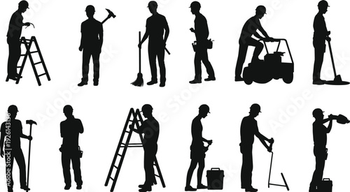 Worker silhouettes, manual labor tools, construction and maintenance illustration, cleaning profession concept, landscaping job design, diverse workforce representation