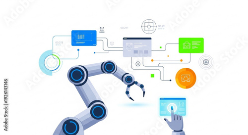 Robot arm interacts with futuristic interface and data flow diagram on screen