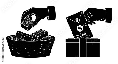 Human hand and robotic arm placing items into containers Vector, illustration