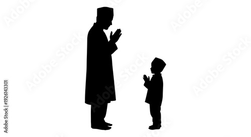 Adult and child standing closely together while using a mobile device Vector, illustration