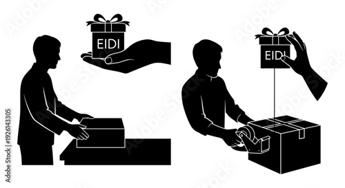 Two men handling boxes labeled with gift tags in different ways Vector, illustration