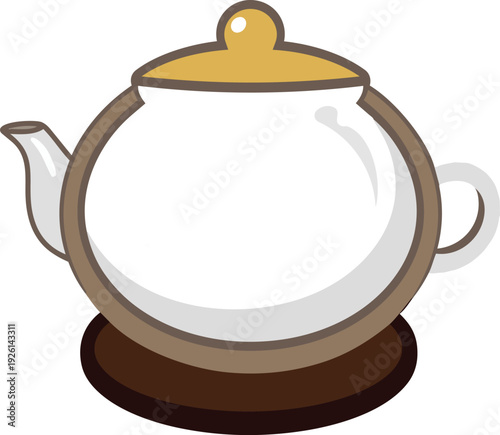 Glass Teapot Illustration with Yellow Lid and Wooden Base: Vector Flat Icon for Tea Time, Kitchenware, Cafe Branding, and Breakfast Concept Isolated on White Background for Graphic Design Projects.