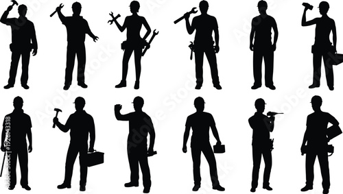 Worker silhouettes, tradesperson tools illustration, hammer and wrench art, screwdriver and toolbox design, manual labor concept, skilled profession representation