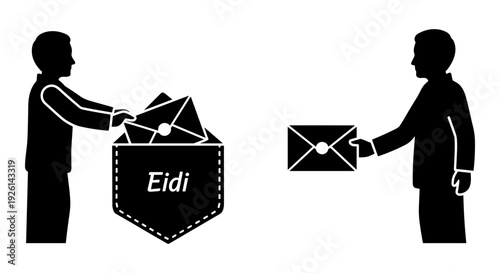 Two individuals exchanging an envelope labeled with the name eidi Vector, illustration