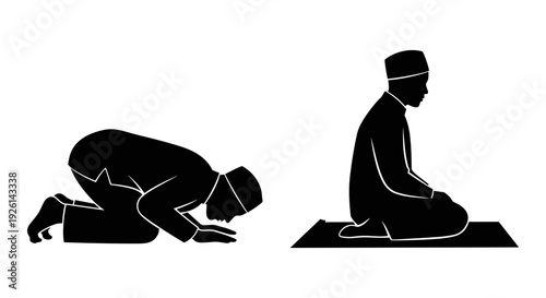 Two individuals performing different positions of islamic prayer or meditation. Vector, illustration