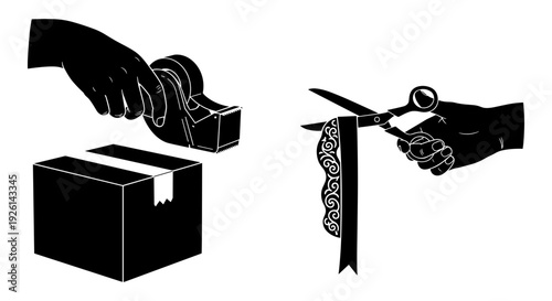 Hands cutting decorative ribbon and opening a gift box with lace trimming Vector, illustration
