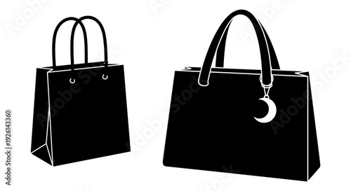 Elegant black handbags with contrasting handles and moon emblem design Vector, illustration