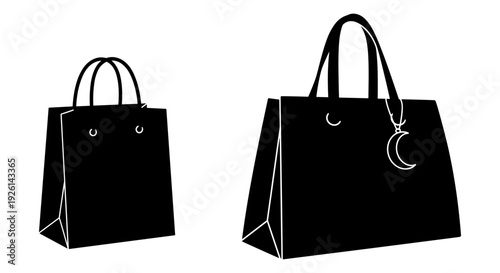 Two stylish black shopping tote bags with distinct handle designs displayed side by side Vector, illustration