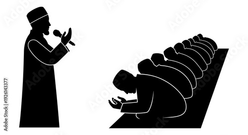 Imam leading a congregation in prayer during a communal worship session. Vector, illustration
