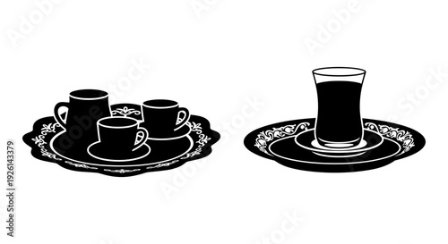 Elegant black and white tea set with two contrasting presentation styles on plates Vector, illustration