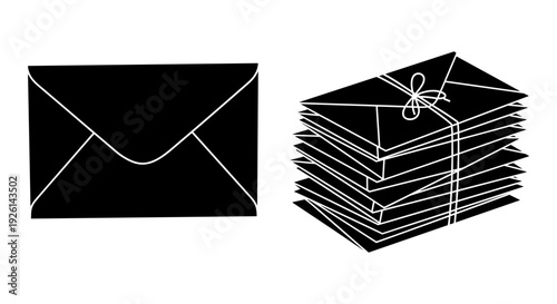 A stack of bound documents tied with ribbon next to a single black envelope. Vector, illustration