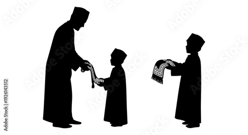 Cultural exchange of gifts between two individuals and a child in traditional attire. Vector, illustration