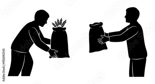 Two individuals exchanging bags of fresh produce at a market or community event. Vector, illustration