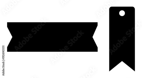 Black ribbon tag design featuring a rectangular shape with a small attached loop Vector, illustration