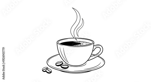 Coffee Splash Cup Illustration Vector – Hand Drawn Espresso Mug with Beans Line Art Design