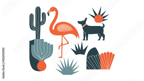 A vibrant illustration of a dog and flamingo in a desert landscape