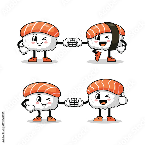 Cartoon sushi characters arm wrestling and fist bumping in a fun and playful illustration