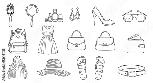 Black and white vector graphic illustration set featuring essential female fashion accessories and clothing items