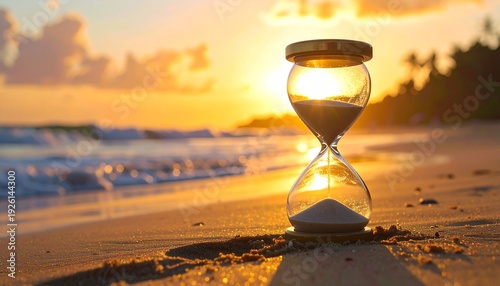 Hourglass upright on sandy beach during sunset, sand flowing from upper to lower chamber, warm golden glow with long shadows, symbolizing passage of time, reflection, and mindfulness in serene setting