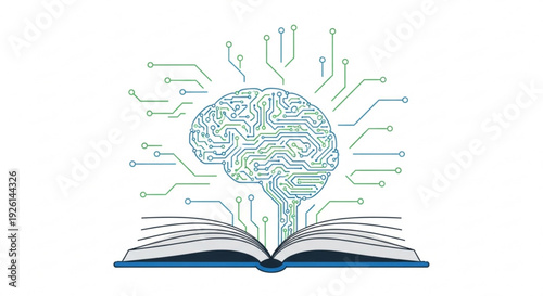 Brain emerging from an open book with circuit board pattern and glowing connections symbolizing knowledge and artificial intelligence