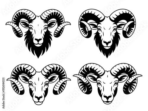 Black ram head silhouette vector set, for mountain animal icons, zodiac symbols, and wild sheep mascot elements