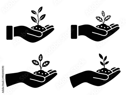 Human hand holding young plant silhouette vector set, for environmental growth, nature conservation, and reforestation icons