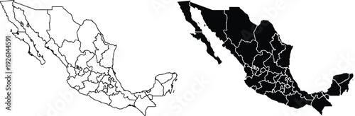 Mexico Outline Map With States And Solid Silhouette