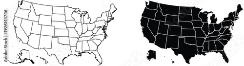 Outline and Silhouette Maps of the United States with State Borders